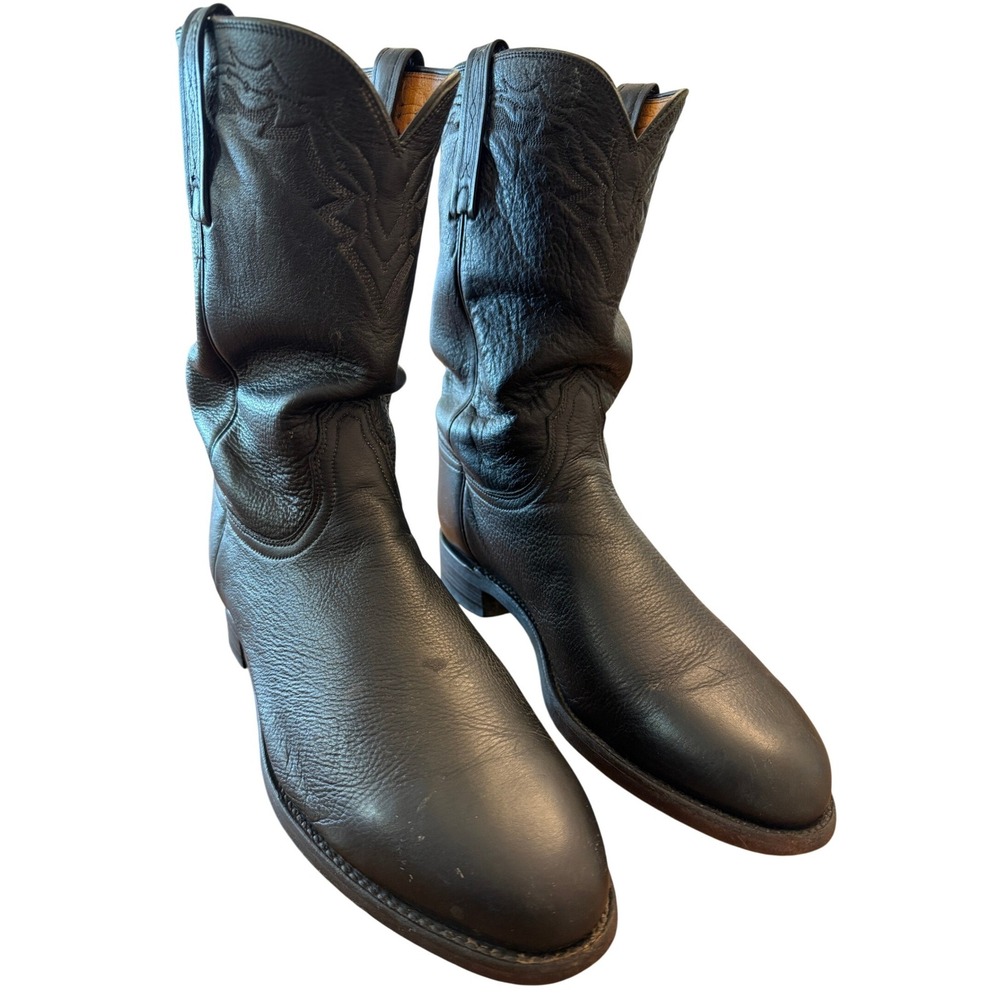 Lucchese Black Leather Roper Cowboy Boots Mens Size 10.5 2E Western Rodeo Work